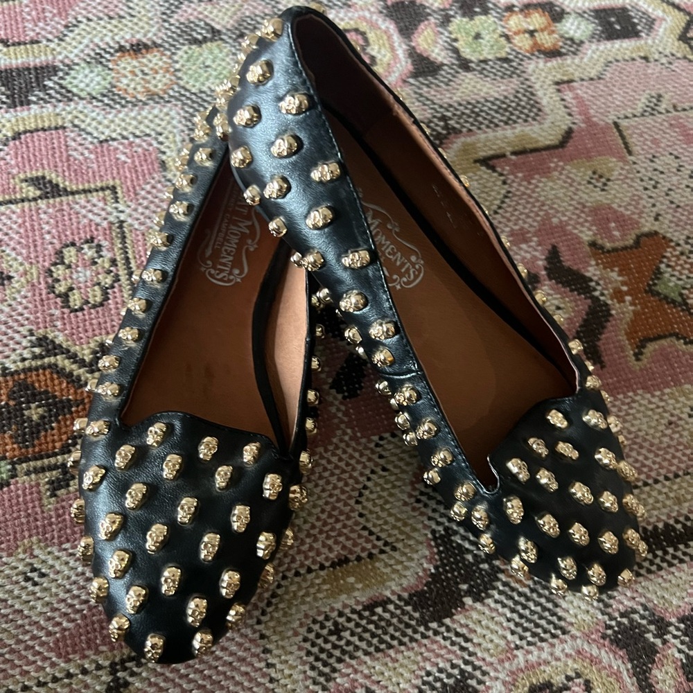 Jeffrey Campbell skull Skulltini black gold loafer flats size 8